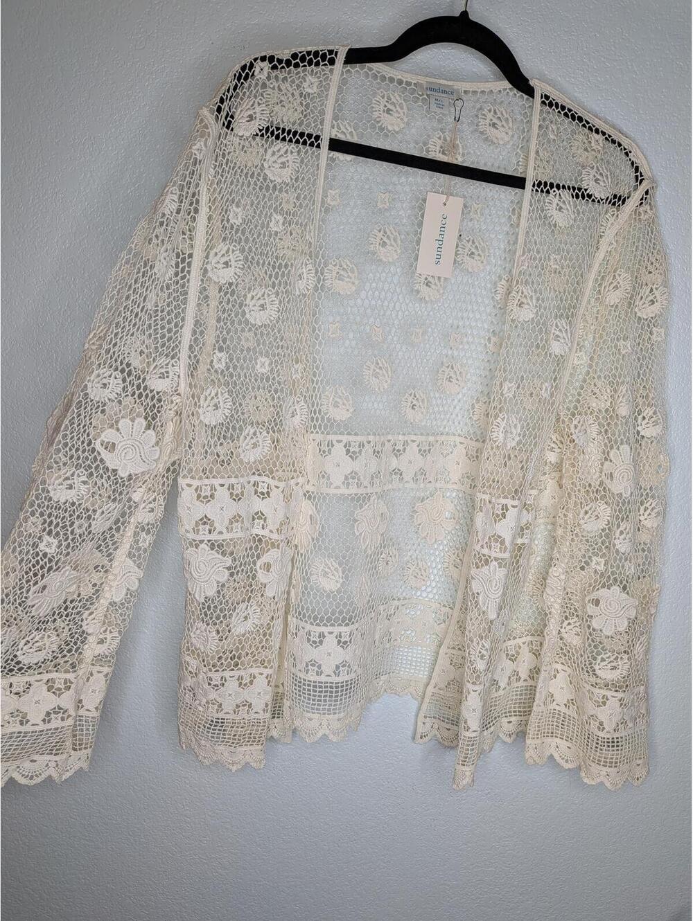 NWT Sundance Lace Crochet Open Front Cardigan Ivory Boho Cottagecore M/L
